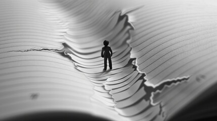 A creative collage showing a miniature figure trapped between the lines of a notebook page, enhanced with a black and white effect