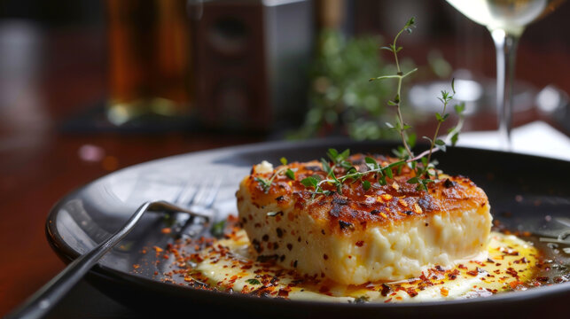 Gourmet provoleta cheese, grilled to perfection, served on a black plate with spices and herbs