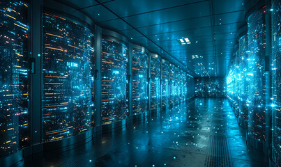 Futuristic Data Center Server Room with Neon Lights and Digital Data Flow Visualization