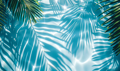 Fototapeta na wymiar Tranquil Tropical Bliss: Palm Leaf Shadows Dappling Cerulean Waters, Capturing Summer's Essence. Ideal for Beach Vacation Designs.
