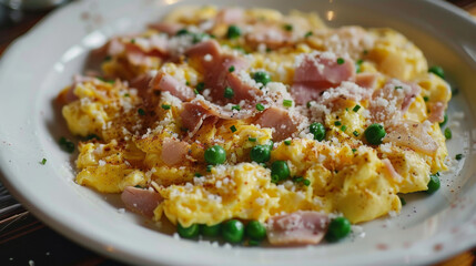 Classic argentine breakfast: scrambled eggs with ham, peas, and grated cheese on top