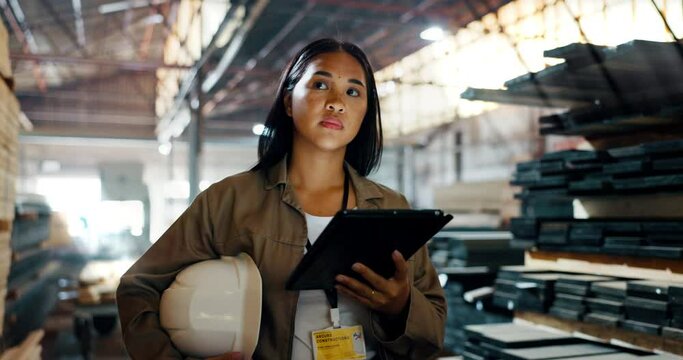 Woman, employee and tablet at warehouse or factory to count stock or material. Logistics, supplier and technology with checklist for manufacturing or distribution business to check information