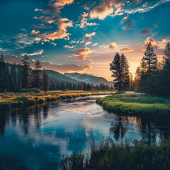 Fototapeta premium A beautiful landscape with a river and trees