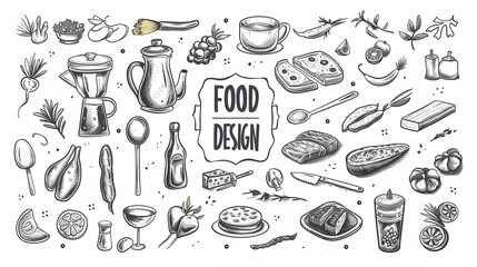 An engaging vertical pattern presents a delightful assortment of hand-drawn, black and white food items and culinary tools, suitable for a vibrant menu design. title "FOOD SET"