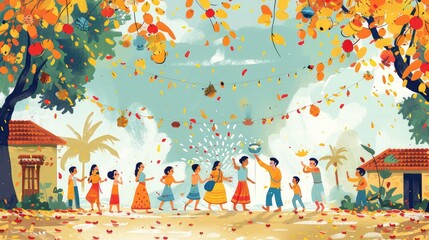 banner background National Bengali New Year (Poila Baisakh) Day theme, and wide copy space, A funny illustration of Bengali New Year superstitions, with characters engaging in rituals - obrazy, fototapety, plakaty