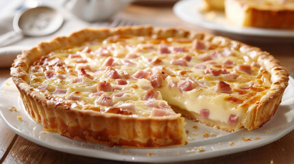 Delicious argentine-style quiche with ham and cheese, served on a rustic table setting - obrazy, fototapety, plakaty