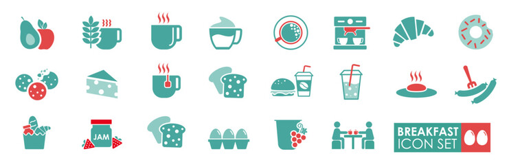 Breakfast and Morning icon set. Solid icon style. Contains eggs, Coffee, Jam, cookies, and fruits—vector illustrations.