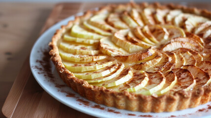 Freshly baked argentine apple tart with cinnamon, on a wooden table