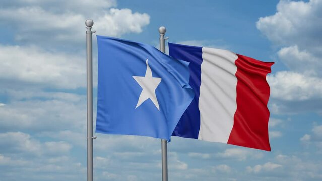 France and Somalia flags waving together, looped video, two country relations concept