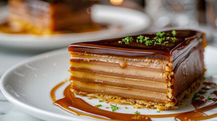 Close-up of a luscious argentine caramel layered cake on a white plate - obrazy, fototapety, plakaty