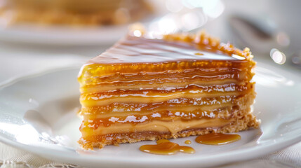 Close-up of a delectable layered dulce de leche cake, a classic argentinian dessert