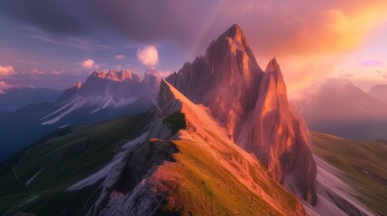 Beautiful landscape, Seceda Mountain on summer at dolomites, Italy, rainbow and sunset lighting - obrazy, fototapety, plakaty