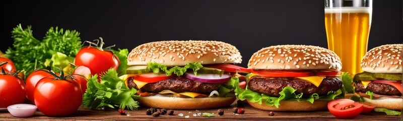 Pancarta horizontal con hamburguesas en la mesa de un Restaurante de comida rápida.