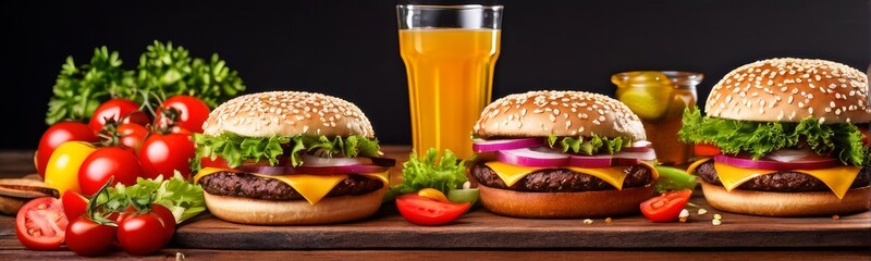Pancarta horizontal con hamburguesas en la mesa de un Restaurante de comida rápida.