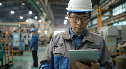 A Chinese worker wearing glasses and a hard hat stands in the factory, holding an iPad with one...