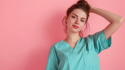Obraz premium Beautiful woman wearing medical scrubs,&nbsp;isolated on pink background.&nbsp;Place holder,&nbsp;copy space banner for medical and beauty industry copy space