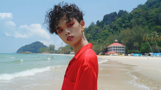 Thai young Ladyboy Transgender on the beach sea with bright makeup and red lips, LGBTI concept, banner, copy space