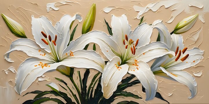 Oil painting of white lilies, formed with bold palette knife strokes on beige background, wall art, posters, wall posters, decoration, home decoration