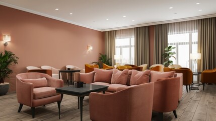 Peach fuzz interior room color 2024 year. A pastel wall accent paint background. Apricot salmon orange shades of room interior design. Ivory creamy luxury furniture sofa and tan pillows. 3d render 