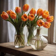 Bouquet of vibrant orange tulips with hint of yellow at edges of their petals stands elegantly in clear glass vase, showcasing green stems submerged in water.
