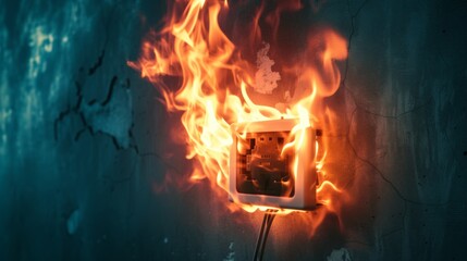Fototapeta premium Burning wall electrical socket with plugged appliance cable from short circuit in house.&nbsp;concept of fire safety and power overload at home