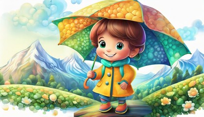 oil painting style CARTOON CHARACTER CUTE baby a boy in a yellow raincoat holding an umbrella