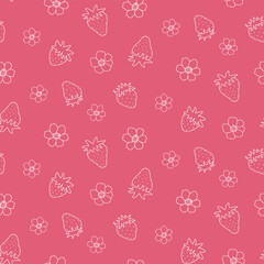 Cute seamless pattern with flowers and strawberries, outline berry background.