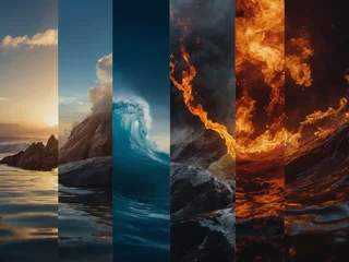 Poster The Five Elemental Principles of Nature, Water, Fire, Earth, Wind, and Quintessence. Concept Nature, Elements, Water, Fire, Earth, Wind, Quintessence. © xKas