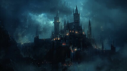 Fantasy scene of dark evil castle and palace courtyard with shining moon - obrazy, fototapety, plakaty