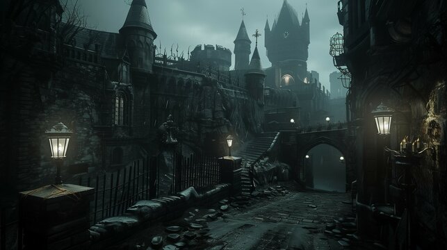 Fantasy scene of dark evil castle and palace courtyard with shining moon