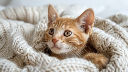 Close-up of a beautiful fluffy red kitten on a clean white background, pet banner design