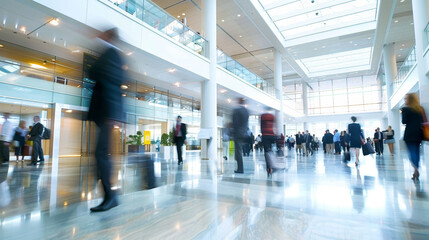 A busy airport lobby with people walking around and carrying luggage