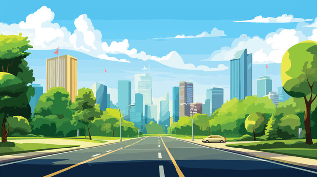 Summer forest highway to modern city. Vector cartoon