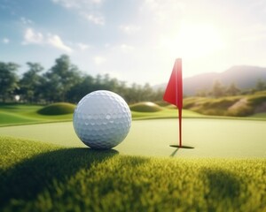 Scenic golf course with green grass, golf ball, and flag under a clear blue sky