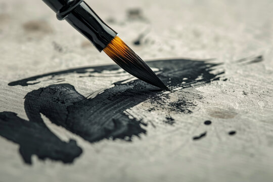 A black brush is drawing on a white surface