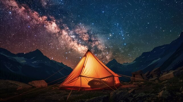  A serene scene of a tent pitched in the majestic mountains, with a stunning starry sky overhead.