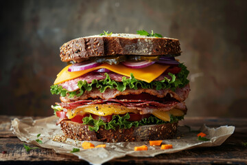 A large sandwich with many ingredients, including ham, cheese, lettuce