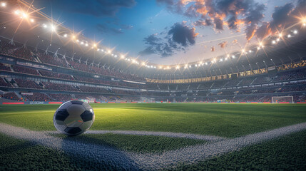 A soccer ball is on the field in front of a stadium full of people