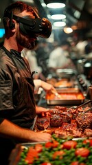 Naklejka premium Virtual reality cooking competitions, chefs battle in digital kitchens, culinary innovation 