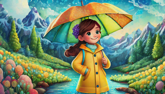 oil painting style cartoon character Girl in a yellow raincoat holding an umbrella, weather forecast umbrella,