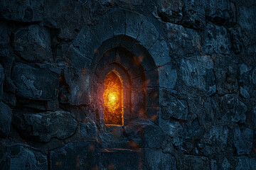 A small window in a stone wall with a glowing light shining through it