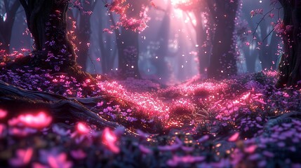 Ethereal forest with quantum foliage, neon vines, and floating luminescent flowers  - obrazy, fototapety, plakaty