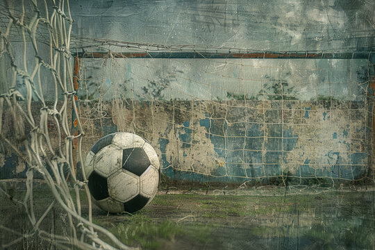 A soccer ball is sitting on the ground next to a goal