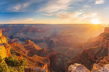 The sun is setting over the Grand Canyon, casting a warm glow over the landscape