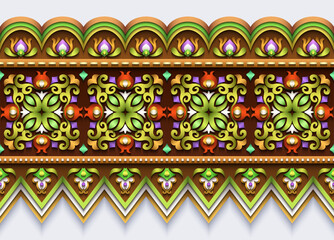 Modern vector volumetric floral ornamental stripe border. Trendy craft style illustration. 3d effect imitation