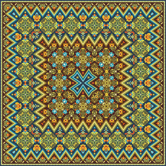 Vector abstract decorative ethnic ornamental illustration. Colorful square carpet - obrazy, fototapety, plakaty