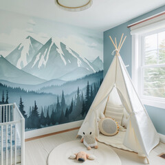 a baby's room with a mountain mural and a teepee tent in the corner of the room, and a white crib with a stuffed animal on the floor, and a white rug.
