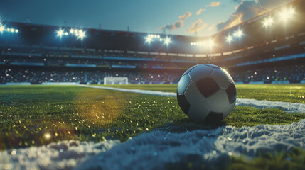 A soccer ball is on the field in front of a stadium