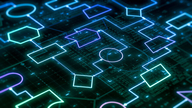 software development flowchart, concept for computer programming, machine learning, visual representation of code flow (3d render)