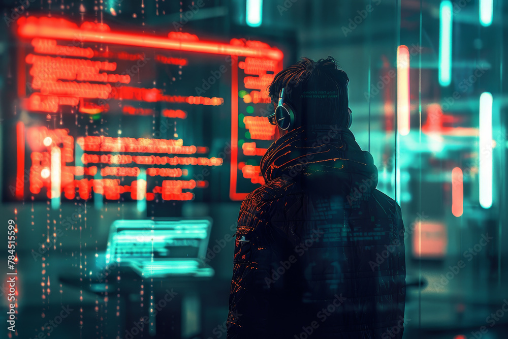 Poster a man is standing in front of a computer screen with a red background